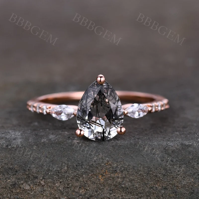 women solitaire engagement rings -Black Rutilated Quartz Engagement Ring Rose Gold Wedding Ring Anniversary gift