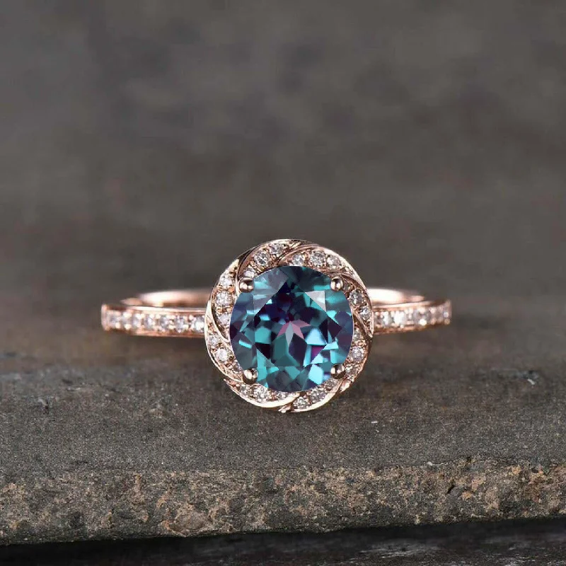 women princess diamond engagement rings -Alexandrite Diamond Halo Engagement Ring Rose Gold Wedding Ring