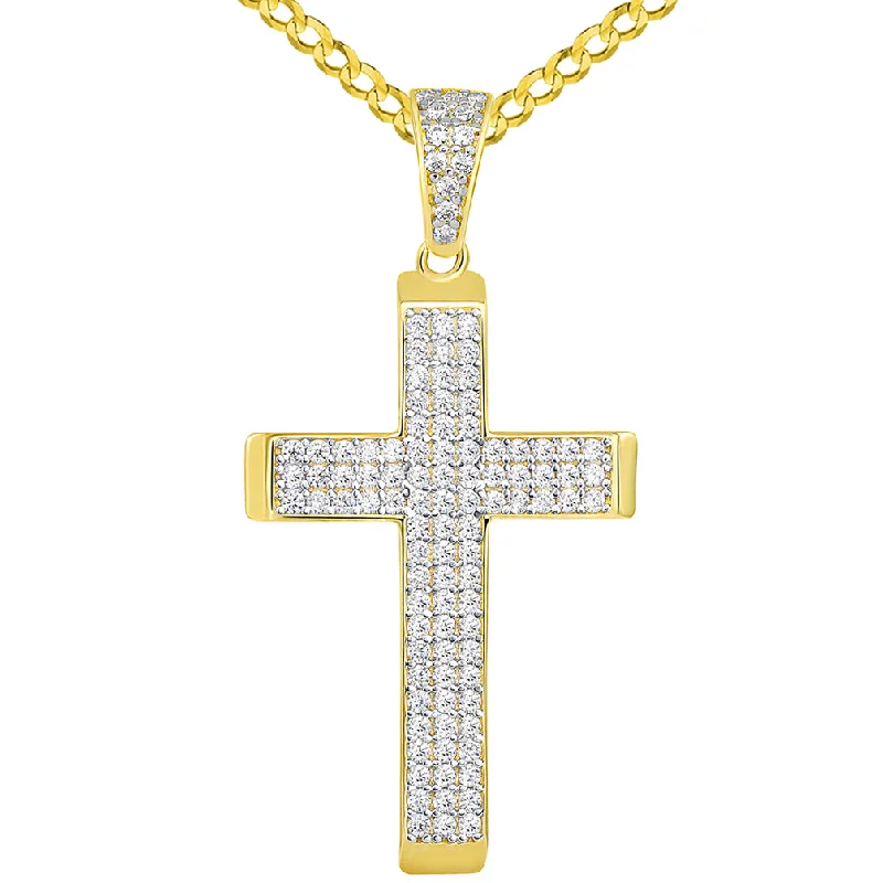 women birthstone necklaces -14k Yellow Gold Cubic Zirconia Beveled Edge Classic Cross Pendant Cuban Necklace