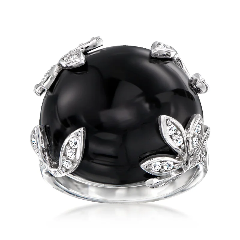 women trendy engagement rings -Ross-Simons Onyx Leaf Ring With . White Topaz in Sterling Silver