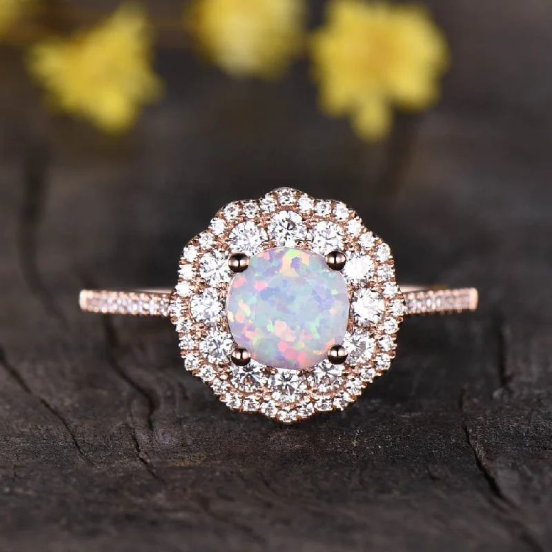 women heart-shaped engagement rings -Double Halo Female Opal Engagement Ring Rose Gold Filigree Milgrain