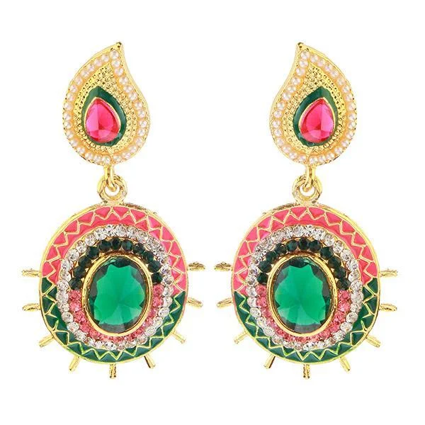 women delicate earrings -Kriaa Gold Plated Pink And Green Meenakari Austrian Stone Dangler Earrings - 1304601