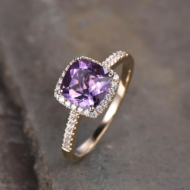 women unique engagement rings -Purple Amethyst Diamond Halo Engagement Ring Cushion Cut