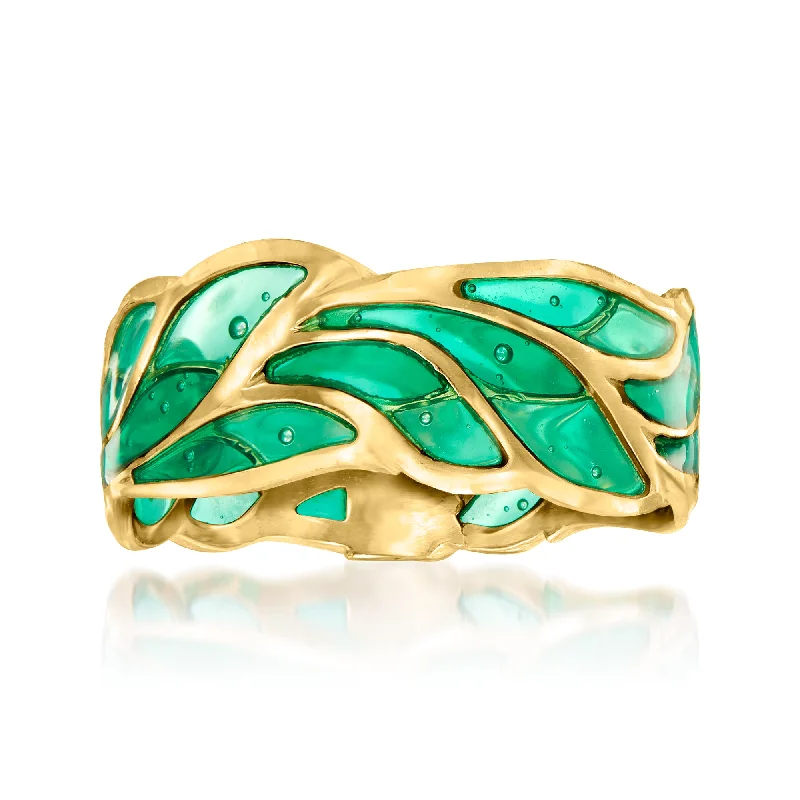 women vintage-style engagement rings -Ross-Simons Italian Green Enamel Leaf Ring in 14kt Yellow Gold