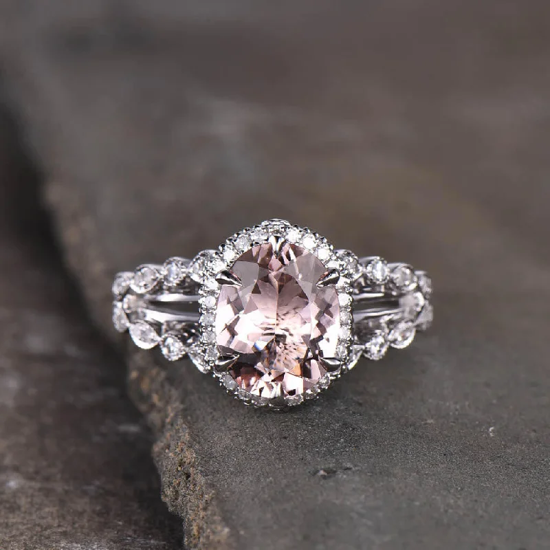 women antique engagement rings -Split Shank Oval Morganite Diamond Halo Engagement Ring Unique