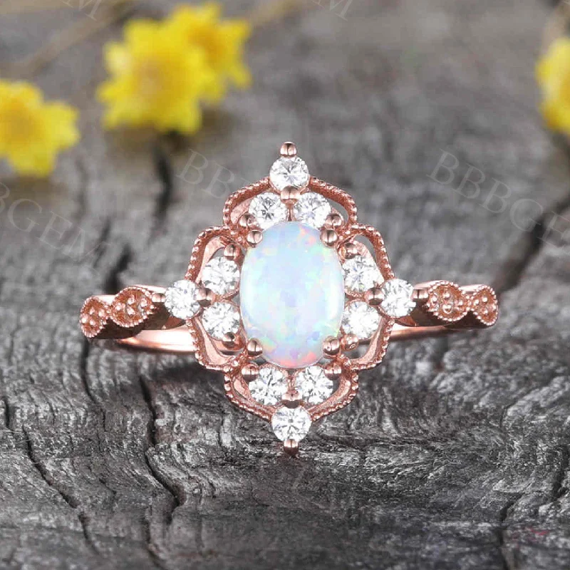 women engagement rings with side stones -Vintage Opal Engagement Ring Rose Gold Diamond Wedding Oval Milgrain Halo Anniversary Ring