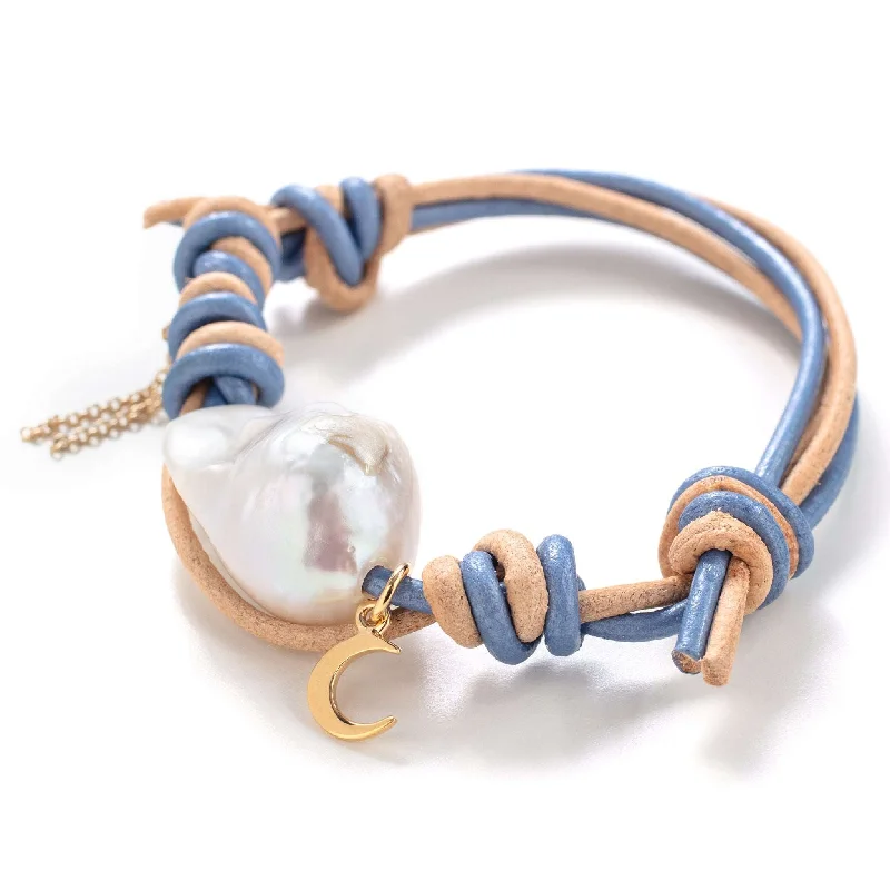 women heart-shaped bracelets -Blue Summer Baroque Pearl Gold Moon Chain Leather Bracelet