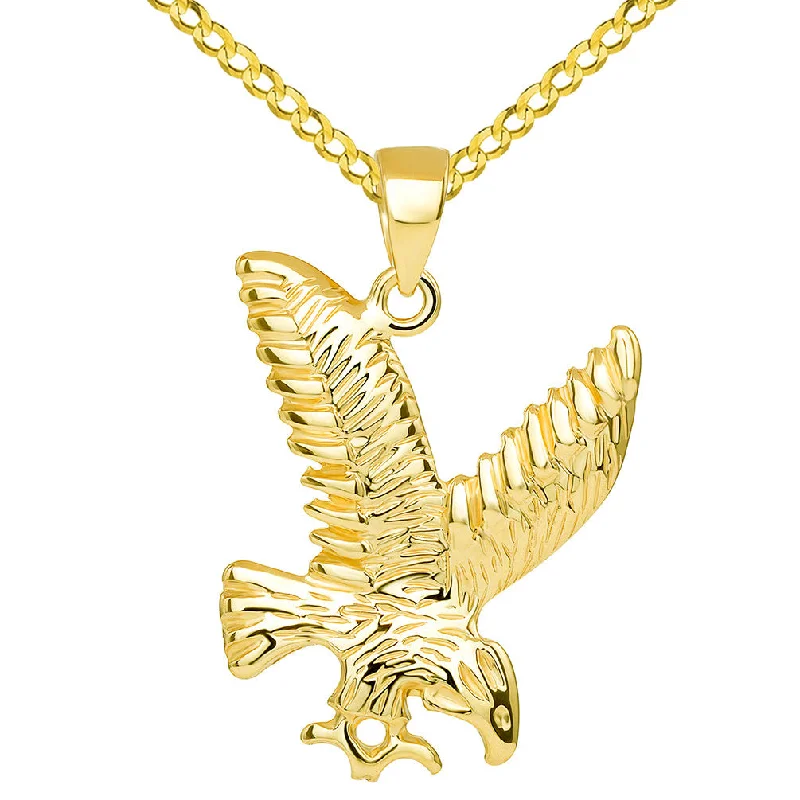 women fancy necklaces -14k Solid Yellow Gold Soaring American Eagle Animal Pendant with Cuban Chain Necklace