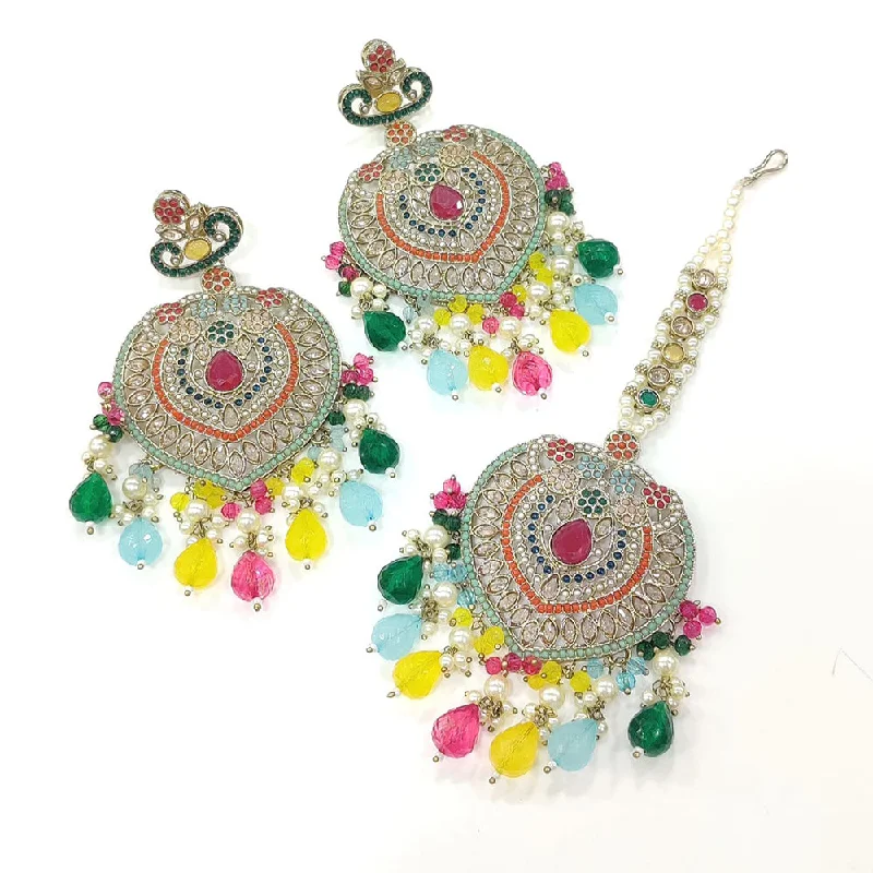 women minimalistic earrings -Anjali Jewellery Gold Plated Crystal Stone And Pearls Dangler Earrings With Maangtikka