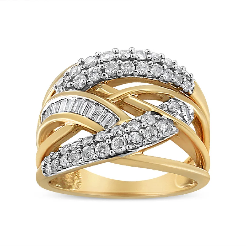 women diamond ring engagement sets -10K Yellow and White Gold 1.0 Cttw Round and Baguette-Cut Diamond Multirow Interwoven Cocktail Ring