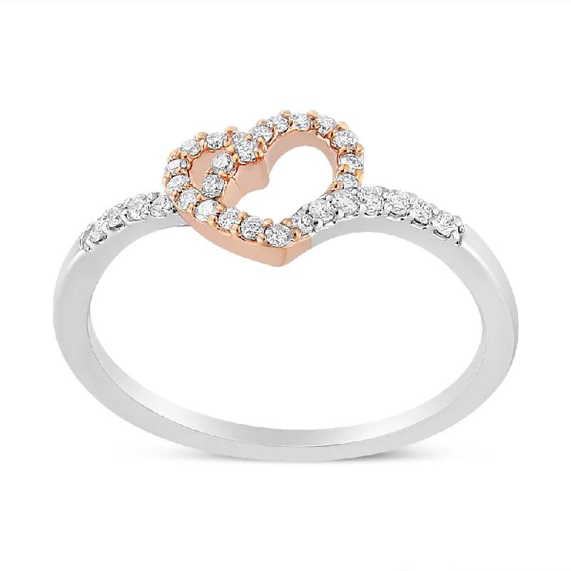 women diamond solitaire engagement rings -14K Rose Gold Plated and White .925 Sterling Silver 1/5 Cttw Round-Cut Diamond Open Heart Promise Ring