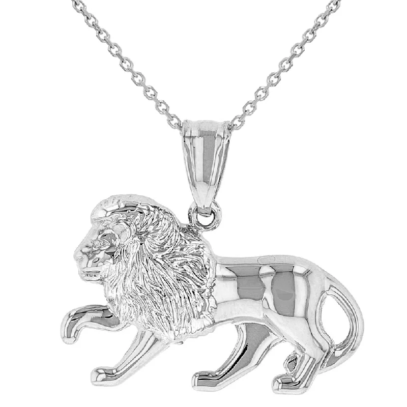 women short necklaces -High Polish 14k White Gold 3D Leo Zodiac Sign Charm Lion Animal Pendant Necklace