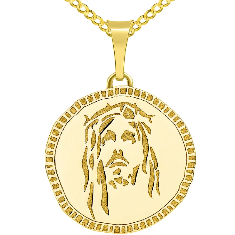 women chain necklaces -14k Yellow Gold Hand Engraved Face of Jesus Christ Medallion Pendant with Cuban Chain Necklace