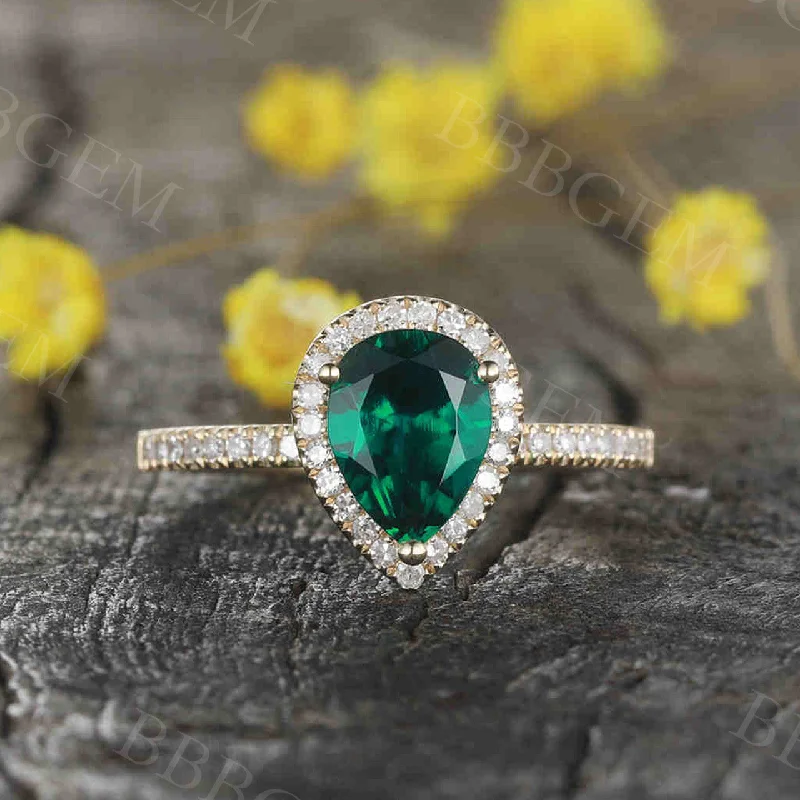 women luxury halo engagement rings -Pear Shaped Emerald Diamond Engagement Ring 14k/18k Gold Halo Promise Ring Thin Stacking 14K/18K