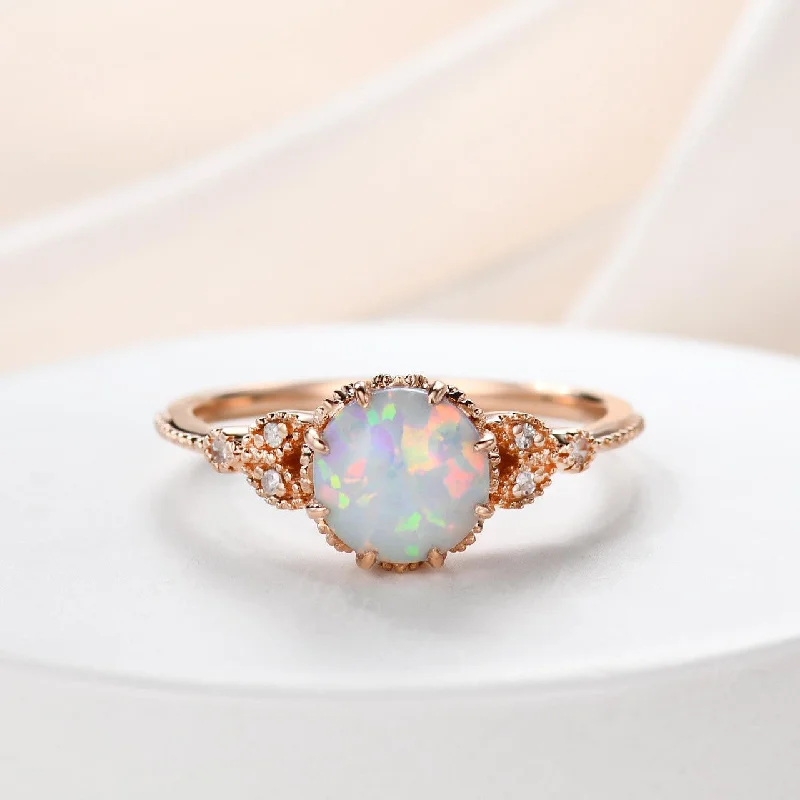 women custom wedding bands -Floral Opal Solitaire Engagement Ring Rose Gold Antique