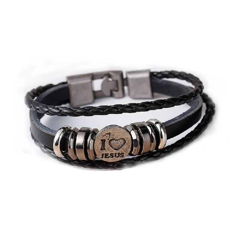 women double band bracelets -Women and Men's Real Leather Multilayer Bracelets Black Cord " I Love Jesus " Carved Metal Multicolor