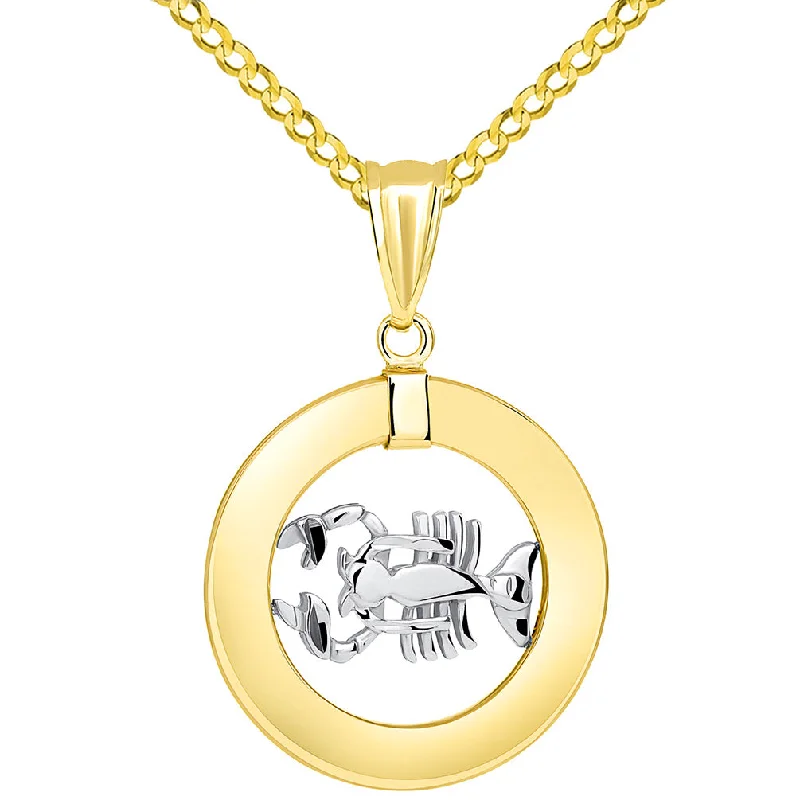 women designer necklaces -14k Two Tone Gold Open Circle Cancer Zodiac Sign Pendant Cuban Necklace