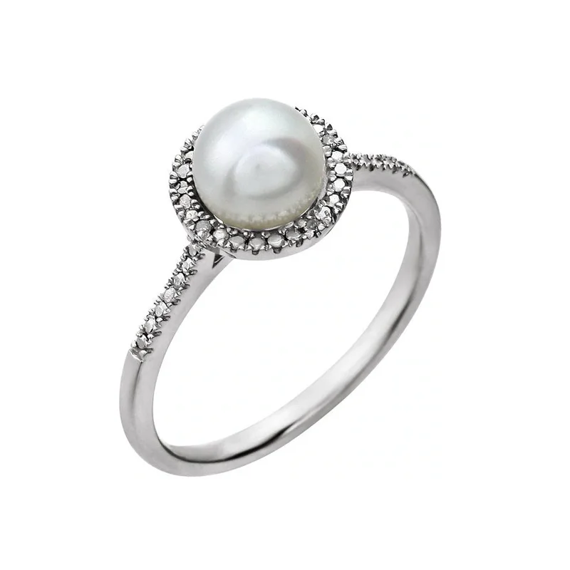 women designer rings -Sterling Silver Freshwater Pearl & Diamond Ring