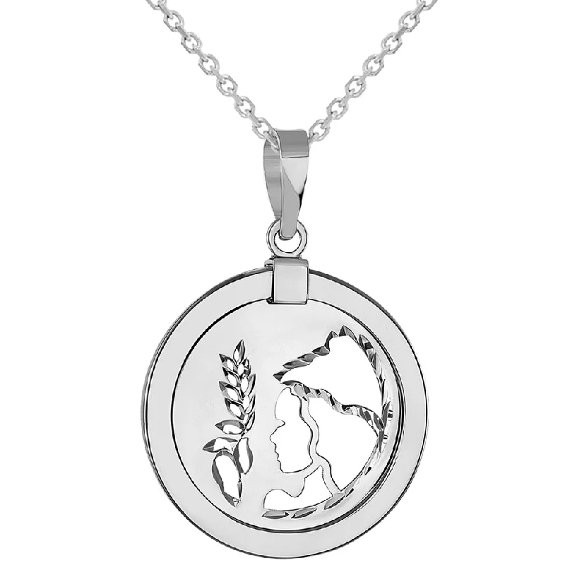 women designer necklaces -14k White Gold Round Virgo Zodiac Sign Maiden Holding Wheat Medallion Pendant Necklace (Reversible)