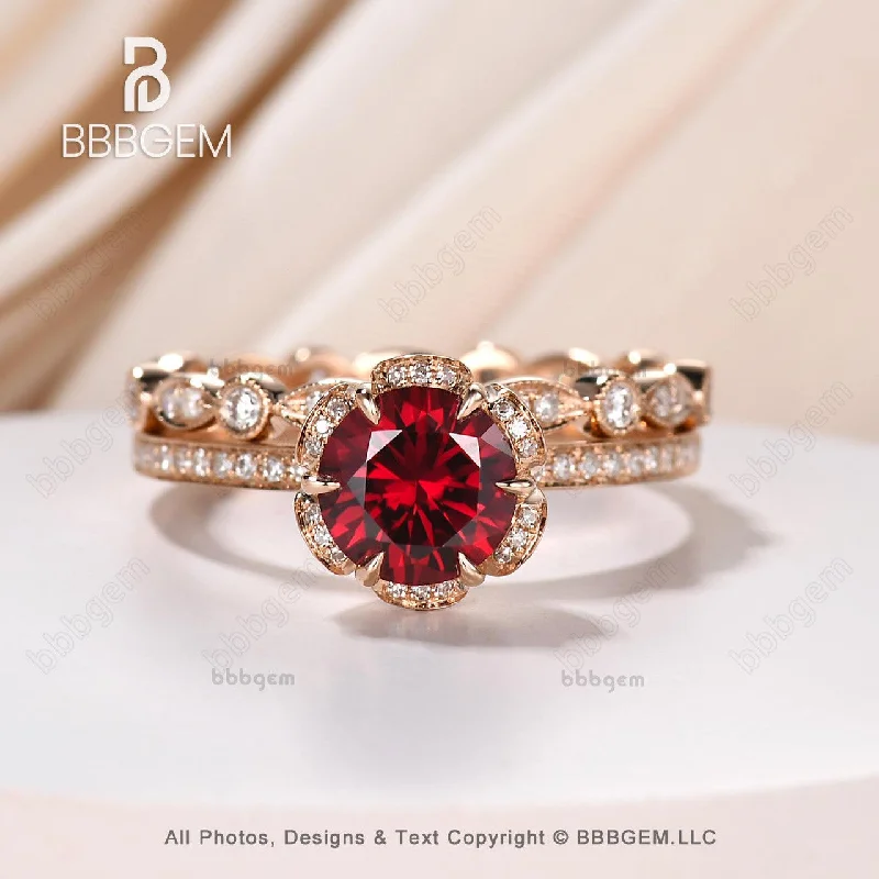 women men’s solitaire engagement rings -Antique Floral Ruby Halo Diamond Engagement Ring