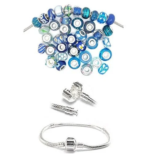 women infinity bracelets -Bracelet + Ten Pack of Assorted Blue Glass Lampwork Murano Glass Beads