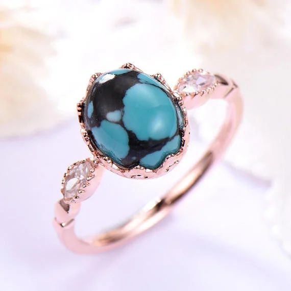 women square cut engagement rings -Blue Black Turquoise Engagement Ring 14k 18k Rose Gold Oval Cut 925 Sterling Silver Solitaire CZ Diamond Wedding Bridal Ring Anniversary Set