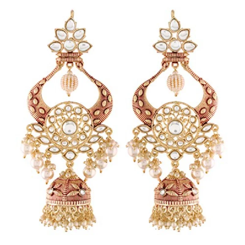 women leaf earrings -Etnico 18K Gold Plated Intricately Designed Traditional Red Enamel Glided With Kundans & Pearls Jumka Earrings For Women (E2902M)