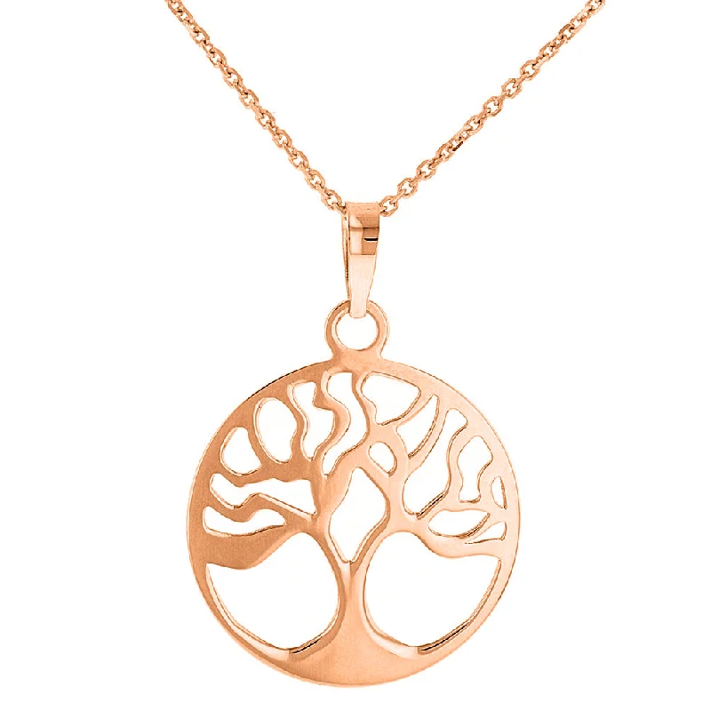 women engraved pendant necklaces -Solid 14k Rose Gold Tree of Life Disk Chain Pendant Necklace