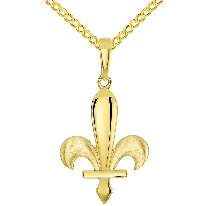 women modern necklaces -14k Yellow Gold Fleur-de-Lis Symbol Pendant with Cuban Curb Chain Necklace