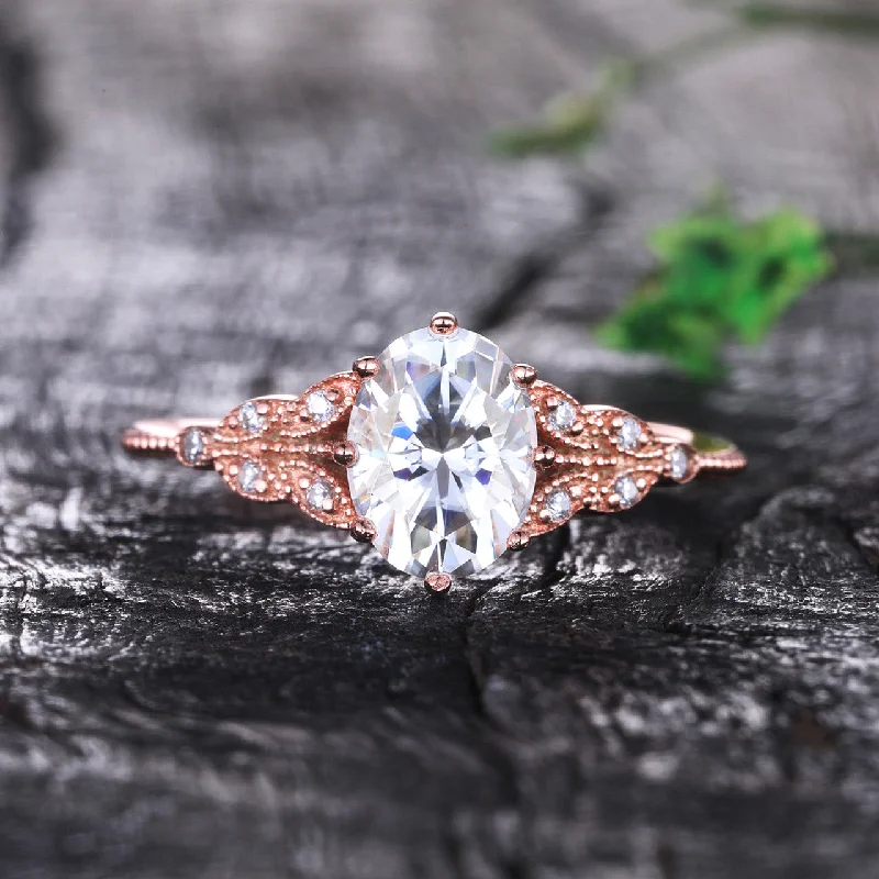 women modern solitaire engagement rings -Oval Moissanite Engagement Ring 6x8mm Art Deco Rose Gold Wedding Ring Vintage Promise Ring