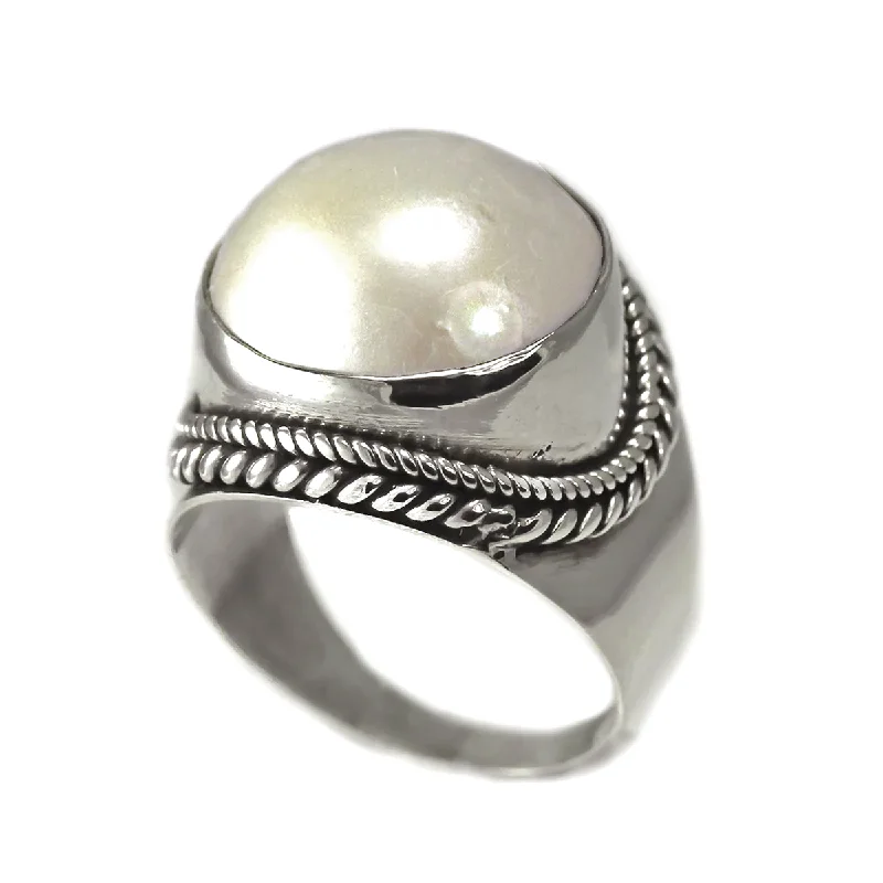 women engraved wedding rings -Sterling Silver Round Mabe Pearl Ring With Rope Design