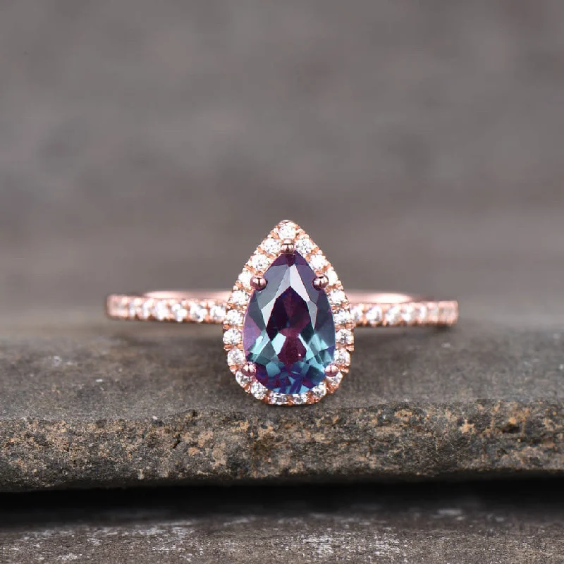 women luxury engagement rings -Pear Shaped Alexandrite Halo Diamond Engagement Ring 5x8mm