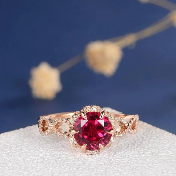 women affordable diamond engagement rings -Antique Rose Gold Engagement Ring Lab Ruby Wedding Bridal Infinity Diamond Flower Art Deco Birthstone Unique Women Anniversary Promise Gift