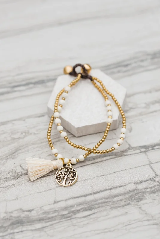 women minimalist bangles -Double White Howlite Tassel Bracelet