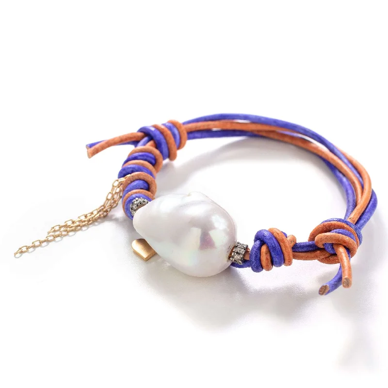 women thin bangles -Grapefruit Baroque Pearl Gold Heart, Chain and Diamond Leather Bracelet