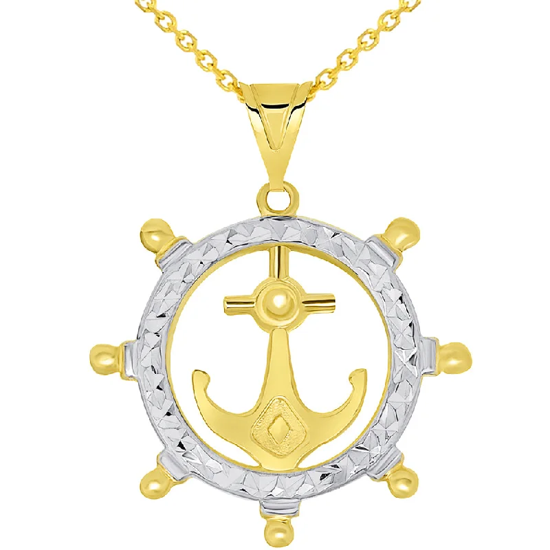 women infinity pendant necklaces -14k Yellow Gold Textured Two Tone Anchor Inside Ships Wheel Pendant Necklace Available with Cable Chain Necklaces