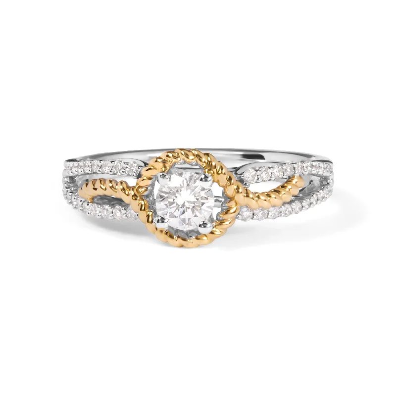 women oval engagement rings -14K Two-Toned Gold Diamond 3/8 Cttw Diamond Split Shank and Beaded Halo Engagement Ring