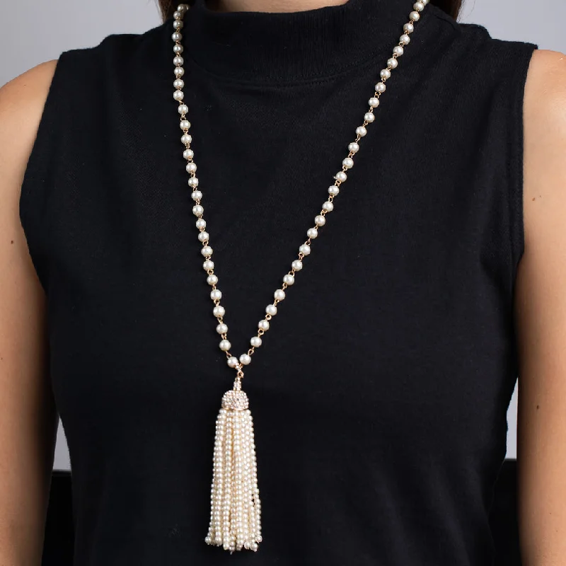 women moon necklaces -Pearl, Gold and Crystal Tassel Necklace