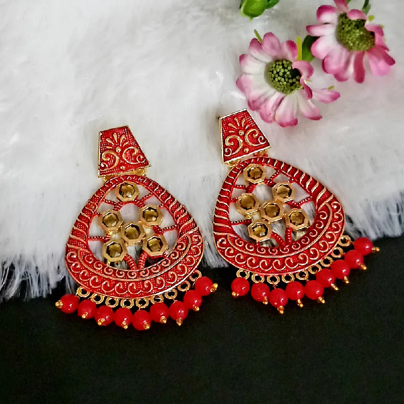 women gemstone hoop earrings -Woma Matte Red Meenakari Dangler Beads Drop Earrings