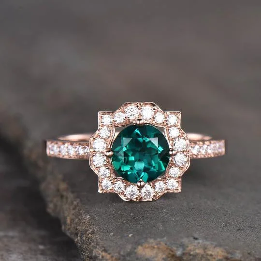 women halo engagement rings -Emerald Moissanite Halo Engagement Ring