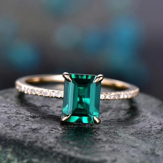 women white gold engagement rings -Handmade Minimalist 1.2 Carat Emerald Cut Emerald Engagement Ring Diamond Accent Band