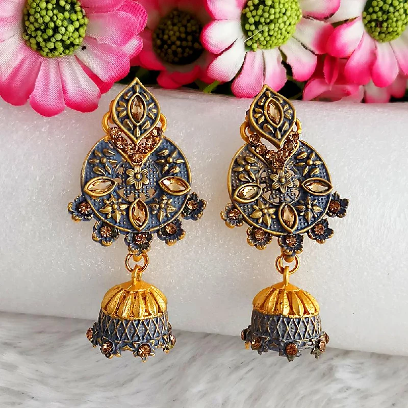 women crystal drop earrings -Woma Gold Plated Grey Dangler Meenakari Earrings - 1318059C