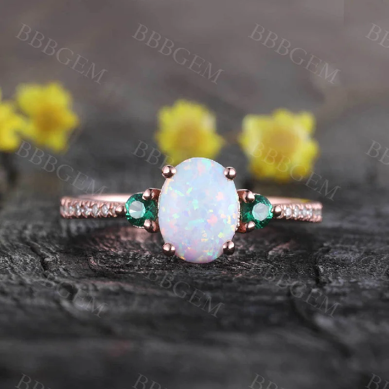 women engagement rings with emeralds -Opal Cluster 14k Rose Gold Engagement Ring for Women Emerald Diamond Ring Statement Ring