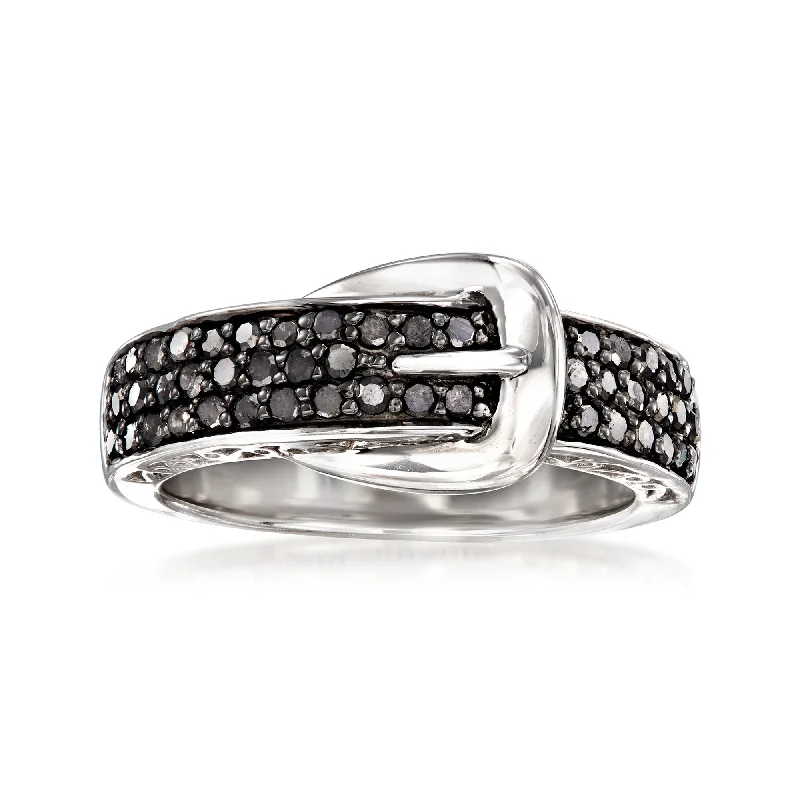 women vintage diamond engagement rings -Ross-Simons Black Diamond Buckle Ring in Sterling Silver