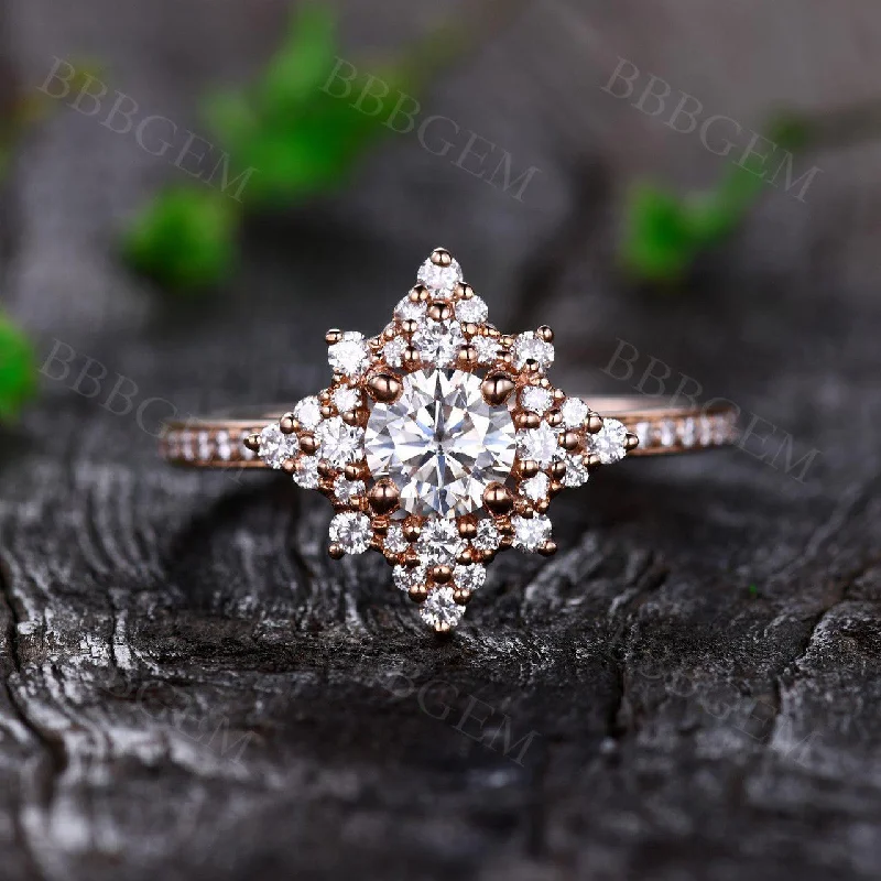 women diamond band engagement rings -Unique 0.5CT Round Cut Moissanite Engagement Ring Cluster Moissanite Halo Ring