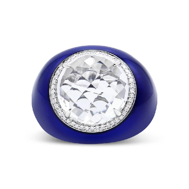 women white gold engagement rings -18K White Gold 14mm White Quartz and 1/5 Cttw Diamond Halo with Blue Enamel Dome Ring