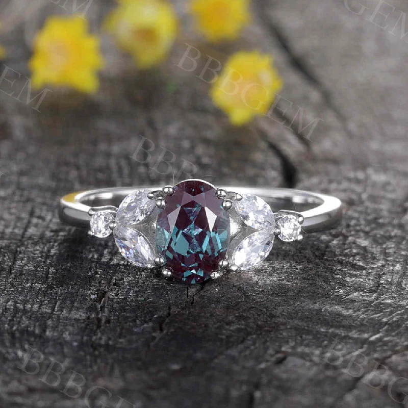 women stackable wedding engagement rings -Art Deco Verbena Alexandrite Moissanite Engagement Ring Marquise Antique