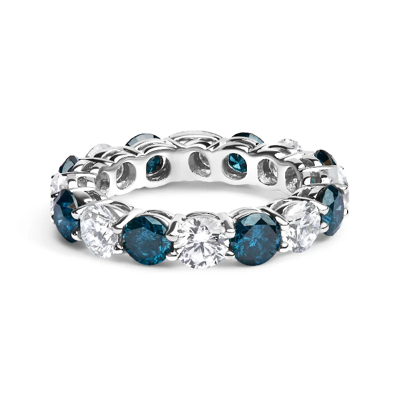 women fancy engagement rings -14K White Gold 6 1/4 Cttw Alternating Lab-Grown White and Natural Treated Blue Diamond Eternity Band Ring