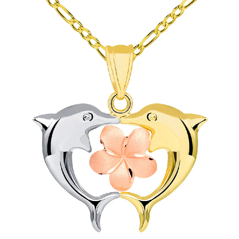 women star-shaped necklaces -14k Tri Color Gold High Polish Kissing Dolphins with Hawaiian Plumeria Flower Pendant Figaro Necklace