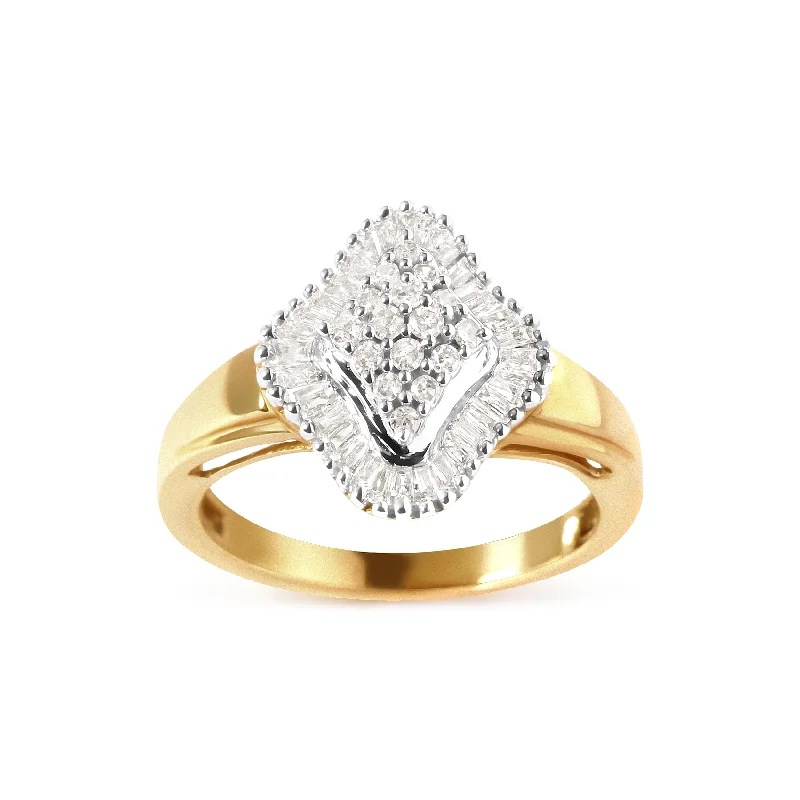 women vintage engagement rings -10K Yellow Gold 1/2 Cttw Round And Baguette-cut Diamond Rhombus Head and Halo Ring